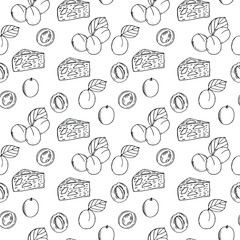 Seamless pattern of apricots, vector illustration, leaves, halves, bones,  piece of apricot pie, hand drawing