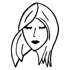 Female face with straight hair.  Contour hand-drawn doodle drawing. Design element