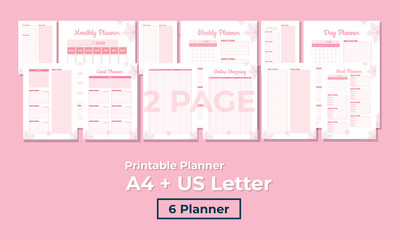 Beauty minimal pink planner, 2 pages, templates collection set of vector paper A4 and US Letter Ai, EPS 10 and PDF File
