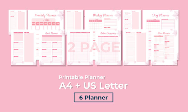 Beauty Minimal Pink Planner, 2 Pages, Templates Collection Set Of Vector Paper A4 And US Letter Ai, EPS 10 And PDF File
