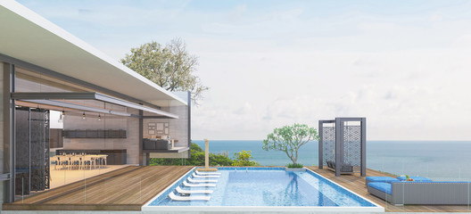 House Pool Villa Modern with swimming pool, White and blue tone furniture, Beach chairs with sea view -3D render