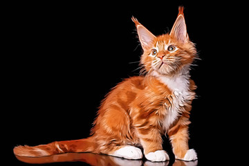 A drawing of a red cute maine coon kitten on black background.