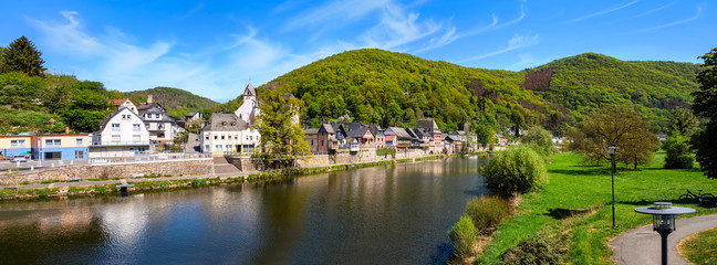 Fototapeta na wymiar Panorama of the idyllic village Dausenau on the river Lahn, Rheinland-Pfalz, Germany