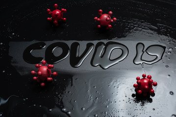 Coronavirus outbreak in 2019,water drops are literally "COVID 19" and Flu COVID-19 virus cell,