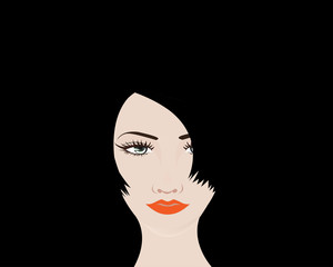 Women face with black hairs, eyes and orange lips and black background