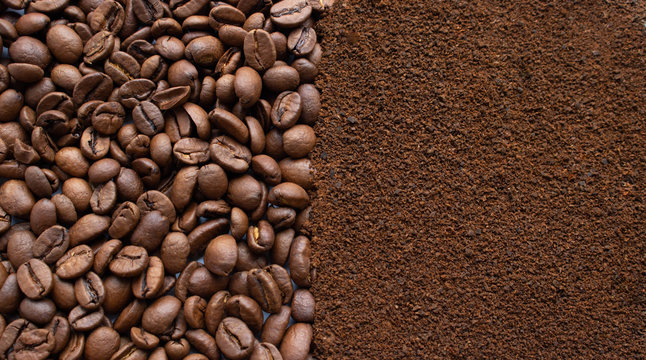 Image of coffee beans and ground instant coffee. Background of coffee beans and coffee powder