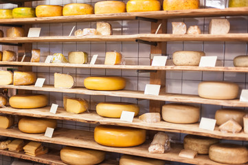 Traditional Dutch cheese displayed for sale in shop market