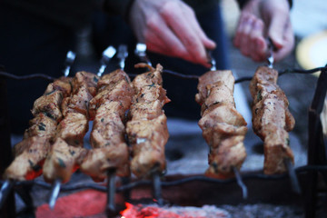 barbecue skewers at the stake - horizontal photo