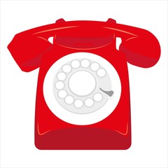 Desk telephone. Red with a dial circle. Retro. Vector illustration.