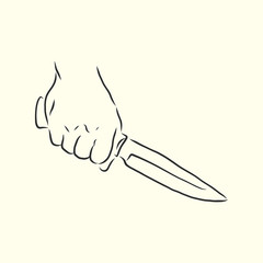 Hand holding a sharp knife or dagger logo element - vector line art illustration. dagger in hand, vector sketch illustration