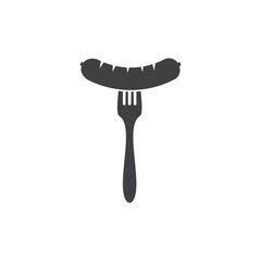 Sausage icon on fork. Grilled sausages Symbol, logo vector illustration.