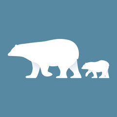 Cute mama bear and baby bear walking together. Modern vector in simple flat style. Happy Mothers day concept. Family of polar bears. Save wildlife
