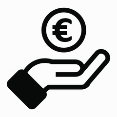 Icon hand with euro. Illustration of making profit and income.