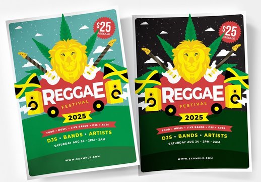 Reggae Festival Flyer Layout with Lion Abd Cannabis Illustrations