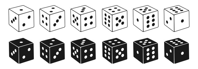 collection of isometric dice icons in thin line style and silhouette, Gambling vector Illustration.