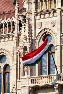 National flag of Hungary on the Hungarian Parliament Building in Budapest
