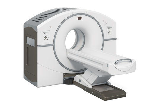 Positron Emission Tomography, side view. PET scanner, 3D rendering