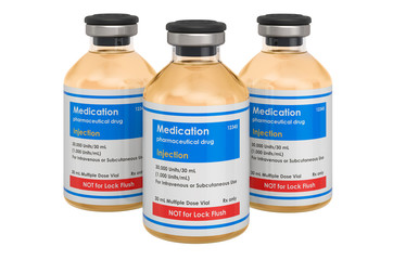 Set of glass medicament bottles with drug for injection. 3D rendering