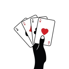 hand holding Playing cards aces isolated on white background. Vector icon illustration.