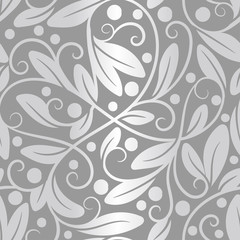 Fototapeta na wymiar Grey and silver leaves seamless pattern. Vintage vector ornament template. Paisley elements. Great for fabric, invitation, background, wallpaper, decoration, packaging or any desired idea.