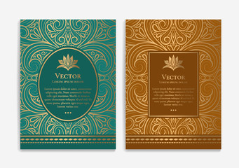 Green, brown and gold luxury invitation card design. Vintage ornament template. Can be used for background and wallpaper. Elegant and classic vector elements great for decoration.