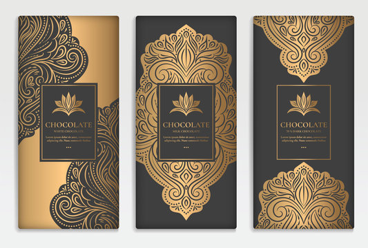 Black and gold luxury packaging design of chocolate bars. Vintage vector ornament template. elegant, classic elements. Can be used for background, wallpaper or any desired idea.