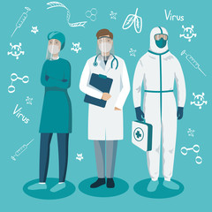 Doctors save the world. Healthcare fight with Novel coronavirus (2019-nCoV). Coronavirus Sars-Cov-2 (Covid-19) in the world. Stay at home. Vector illustration