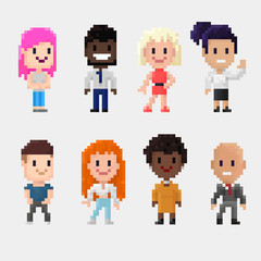 Pixel art group of characters men and women isolated on white background.