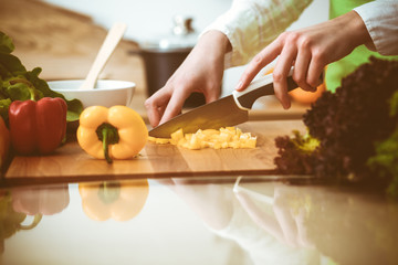 Unknown human hands cooking in kitchen. Woman slicing yellow bell pepper. Healthy meal, and vegetarian food concept