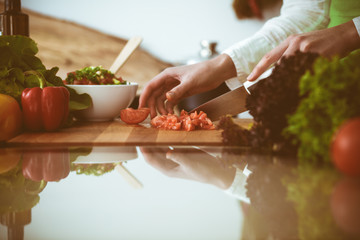 Unknown human hands cooking in kitchen. Woman slicing red tomatoes. Healthy meal, and vegetarian food concept
