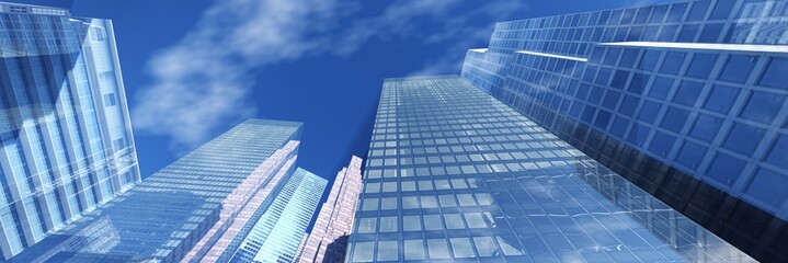 Fototapeta na wymiar Panorama of beautiful skyscrapers against the sky with clouds. 3d rendering. 