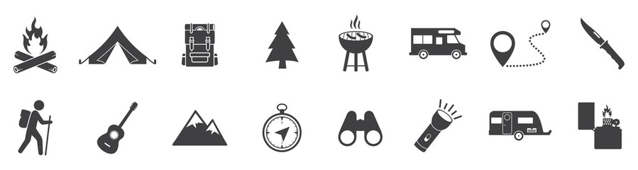 Camping and Hiking Icon Set. vector illustration isolated on white background. 