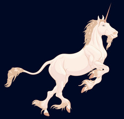 Obraz na płótnie Canvas Isabelline unicorn prances and rears, bending its front legs. Illustration of a heraldic horned stallion with a long lion tail and cloven hooves. Folklore and mythological character.
