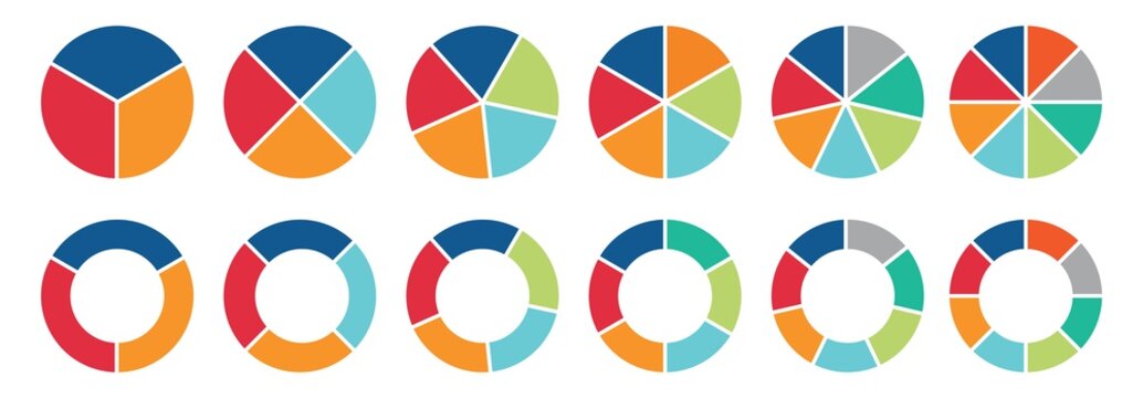 Pie chart set, Circle icons for infographic. Colorful diagram collection with  ,3,4,5,6,7,8 sections and steps. Pie chart for data analysis, business presentation, UI, web design. Vector illustration.