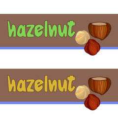 hazelnut in shell, nut kernels & inscription, element of poster, decoration, banner, vector illustration with colored contour lines on a brown background in doodle & hand drawn style