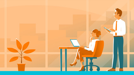 A business man and a girl are working in an office. He is standing with a tablet. She is sitting at a laptop. Think together ideas for success. Vector illustration with place for text.