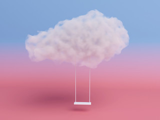 rope swing suspended by the cloud on pink room background. Minimal Creative idea concept. 3D render.
