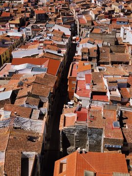 Birdseye view of rooftops in a Spanish town