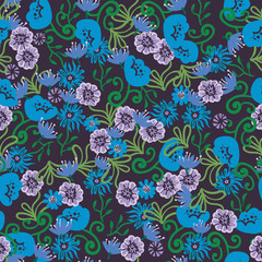 Fototapeta na wymiar Blue and purple flowers seamless vector pattern on a dark background. Decorative surface print design. For fabrics, stationery, and packaging.