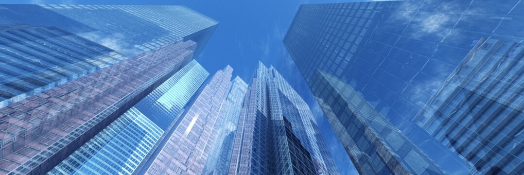 Panorama of beautiful skyscrapers against the sky with clouds. 3d rendering.	