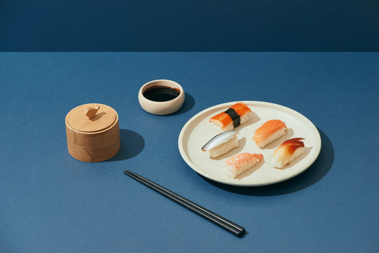 Variety of sushi served on plate