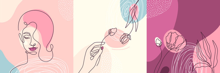 Fototapeta premium Beauty backgrounds set in minimal line style with woman face, plant, girl hand holding flower, circle design elements, dots texture. Modern fashion linear female portrait. Vector illustration