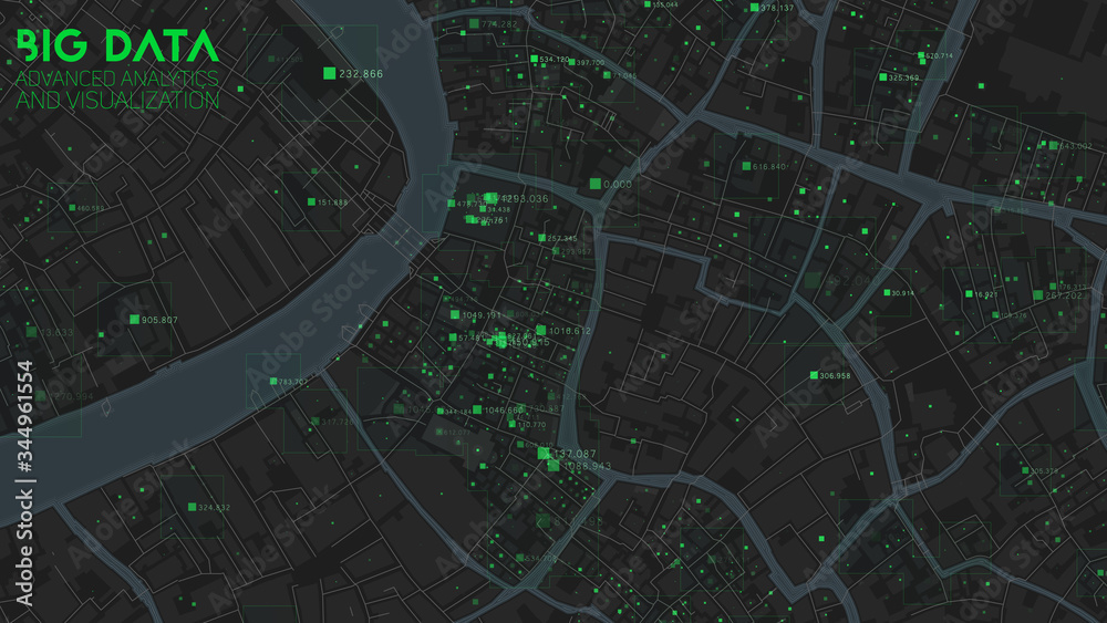Poster big data in modern city. abstract social information sorting visualization. human connections or urb