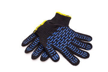 Work gloves for construction work, black on white background