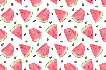 Repeat pattern of a watermelon slices on the white background watercolor illustration, sweet red juicy fruit dessert, healthy and organic diet simple food pattern, symbol of summer and holiday relax