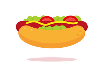 Hotdog with sausage, tomatos, salad and mustard.