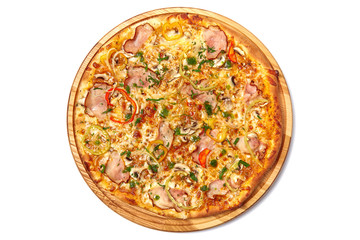 Pizza isolated on a white background. Top view