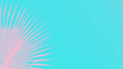 Fototapeta premium Pink palm leaves on bright aquamarine background. 16:9 panoramic format