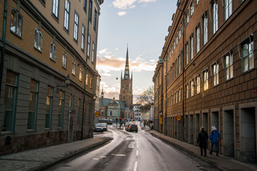 street leading to church in downtown stockholm sweden
