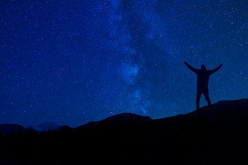Silhoutte Man Praying To God Under Night Star Sky Milky Way Christian Concept